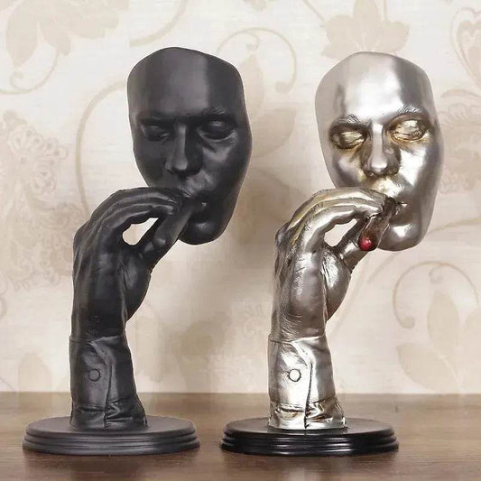 Retro Meditators Abstract Sculpture Man Smoking Cigar Face Statue. - Velora