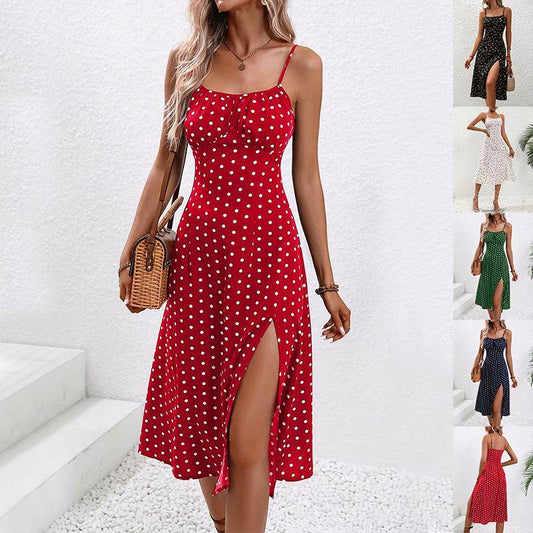 New Polka Dot Print Suspender Dress Summer Sexy Slit Long Dresses For Womens Clothing - Velora