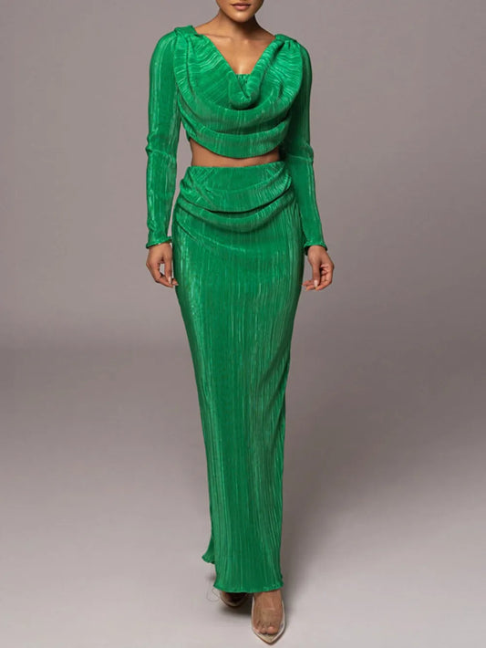 Ruched Cowl Neck Top and Maxi Skirt Set - Velora