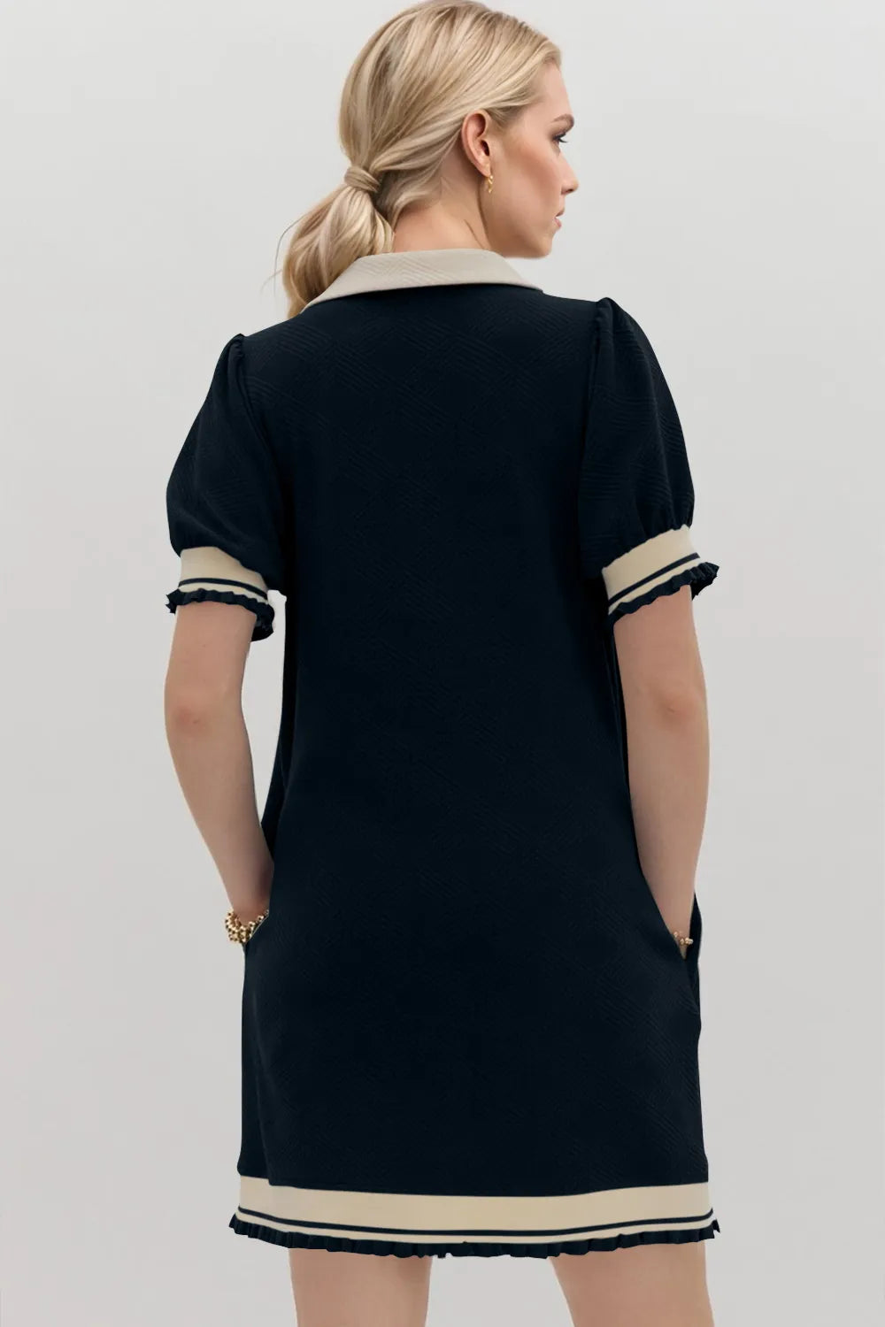 Oh Frill Contrast Trim Johnny Collar Short Sleeve Mini Dress - Velora