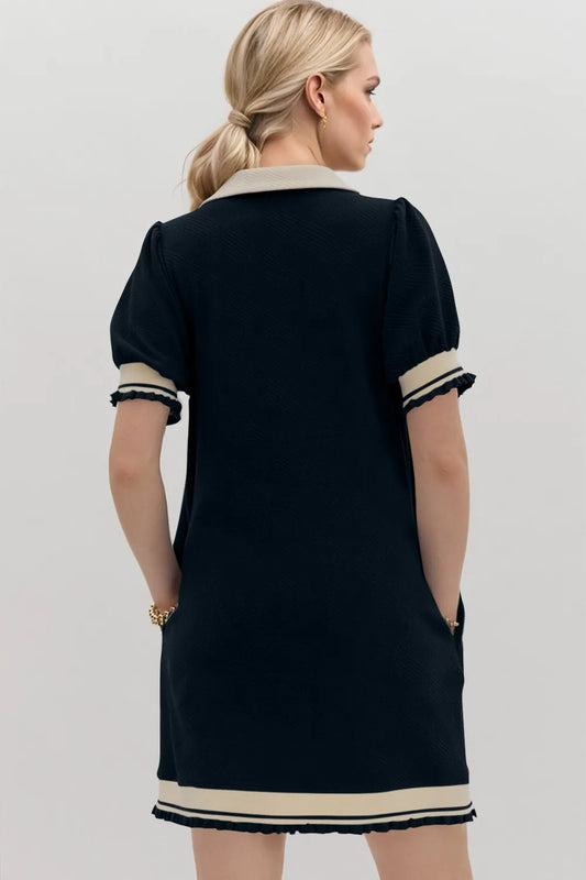 Oh Frill Contrast Trim Johnny Collar Short Sleeve Mini Dress - Velora