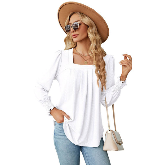 New Jacquard Pleated Square Neck T-shirt Fashion Solid Color Long Sleeve Pullover Tops Womens Clothing - Velora