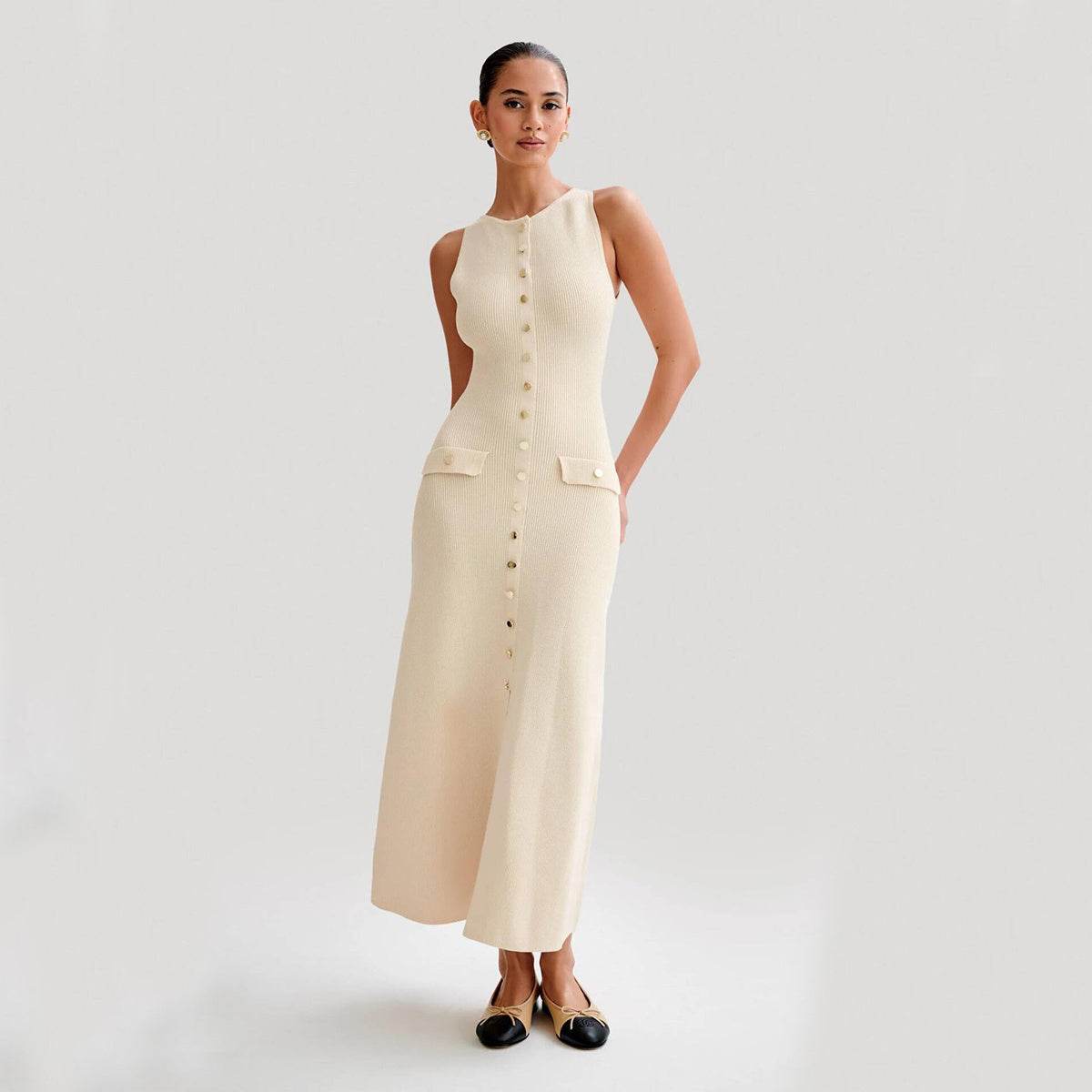 Elegant Knitted Sleeveless Dress With Single Breast Fashion Slim Round Neck Long Dresses Womens Clothing - Velora
