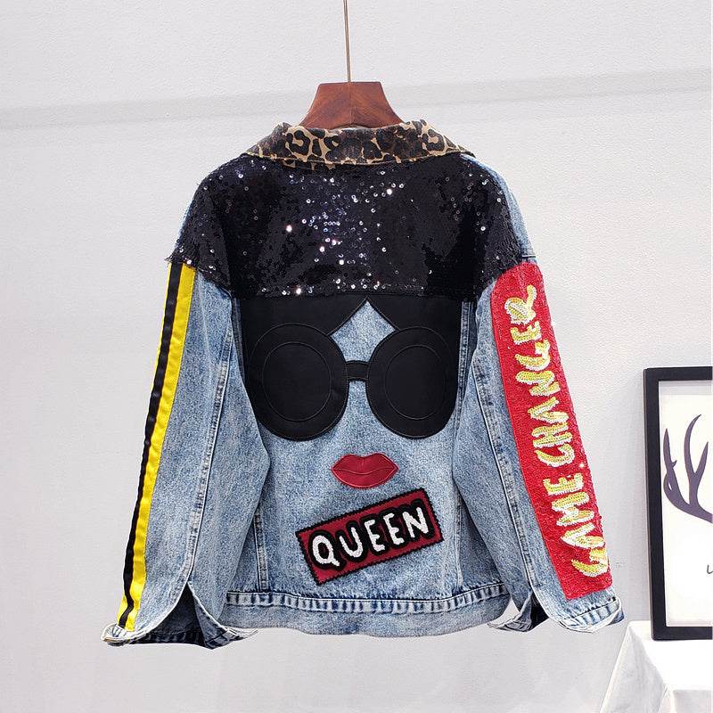 Single Breasted Embroidered Leopard Collar Denim Jacket Women - Velora