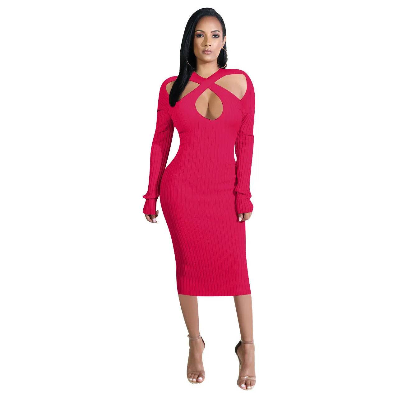 Chic V-neck Long Sleeve Midi Party Club Bodycon Pencil Dress - Velora