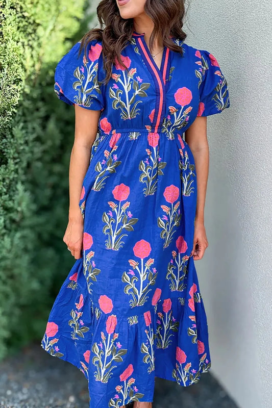 Floral Puff Short Sleeve Notched High Waist Dress - Velora