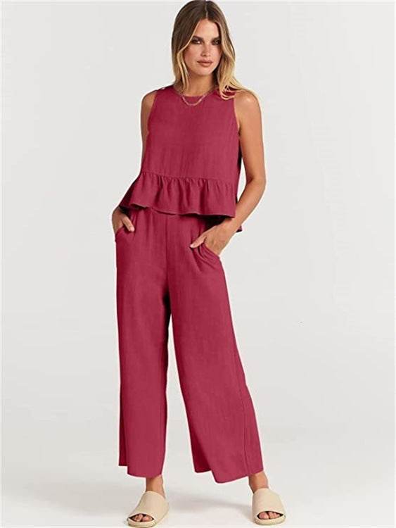 Casual Suit Summer Sleeveless Pleated Vest And Wide-leg Cropped Pants Fashion Two Piece Sets Women - Velora