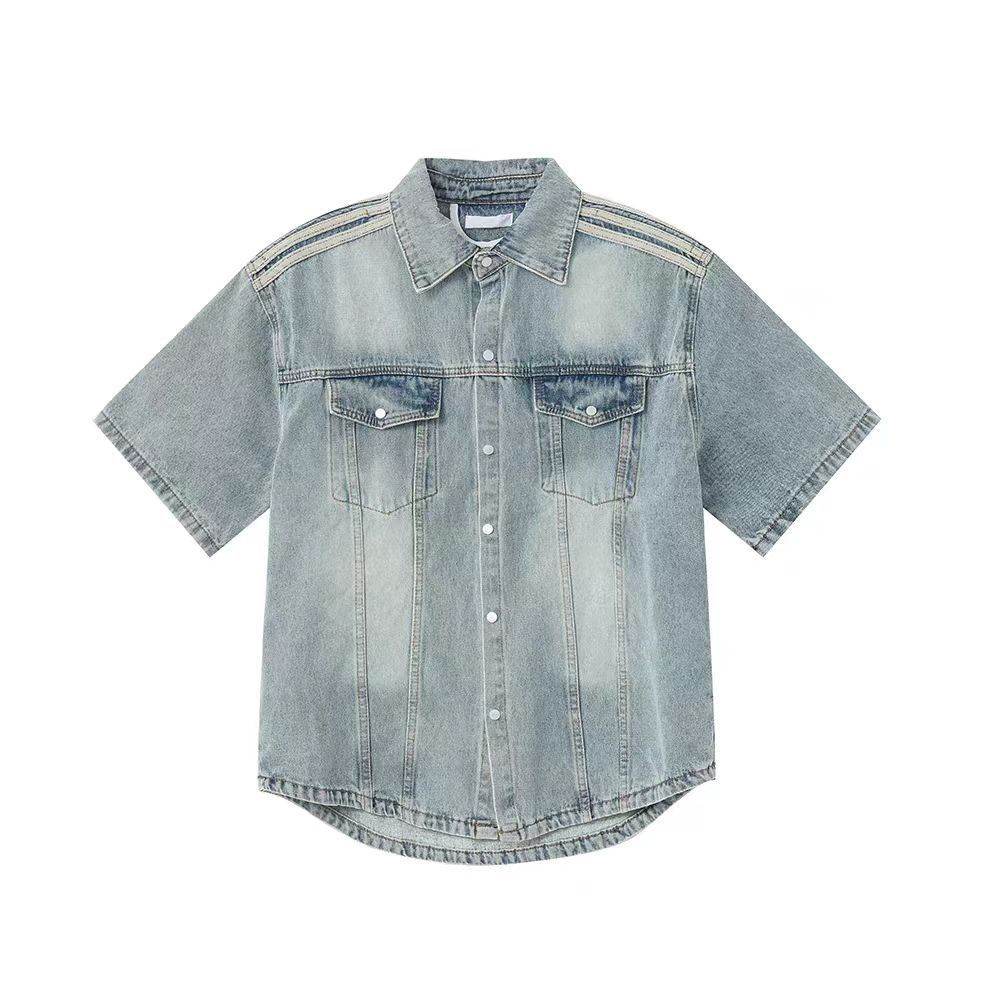 Retro Side Three Bar Stripes Short Sleeve Denim Shirt Outfit Men Jeans - Velora