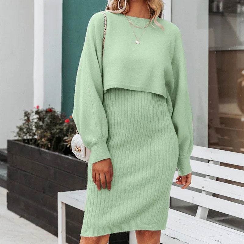 Women 2pcs Winter Outfit Cashmere dress Cropped Pullover top - Velora