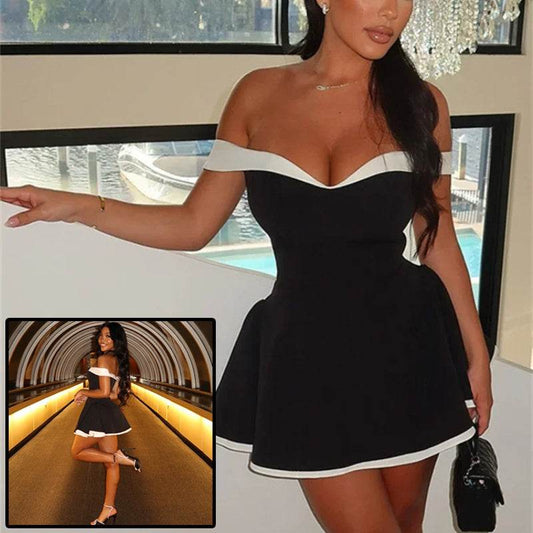 Women's Black And White Patchwork Summer Dress Y2K Trend Slash Neck Backless Sweet Girl Chic Ruched Mini Bodycon Streetwear - Velora