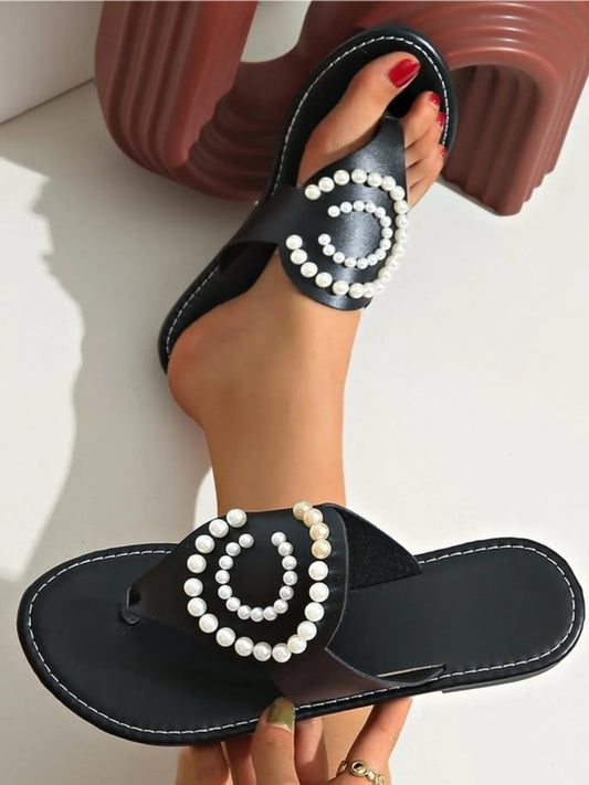 Pearl Embellished Flat Sandals - Velora