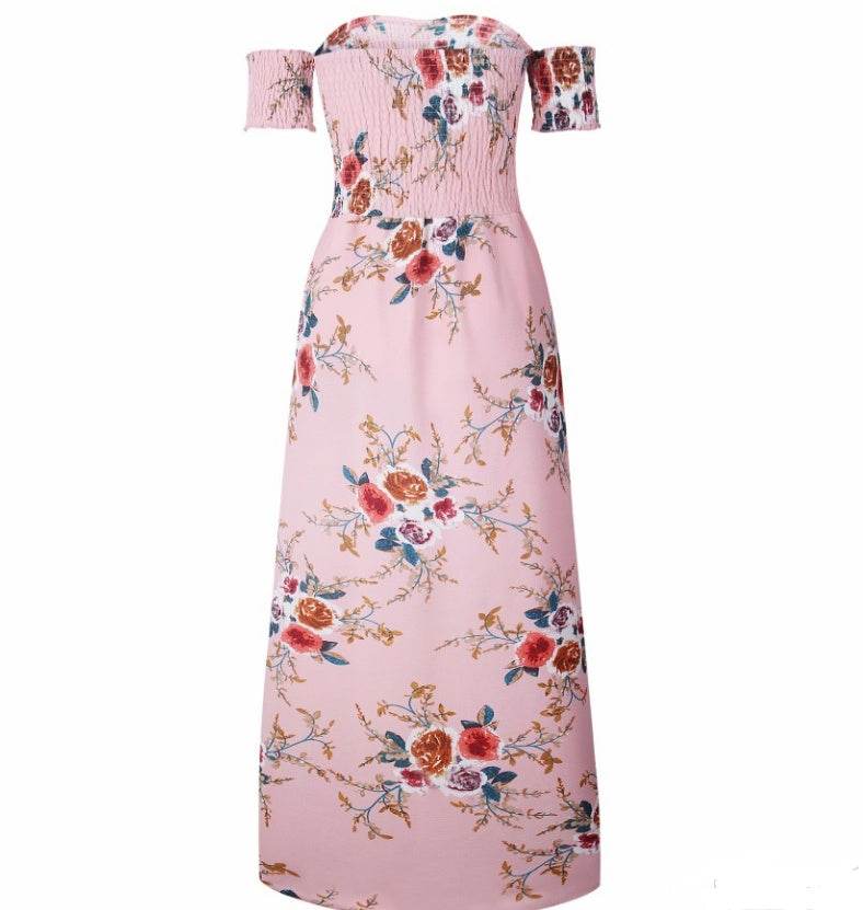 Elegant Ladies Summer Boho Vacation Resort Slit Maxi dress off shoulder Long floral Beach summer slit dress - Velora