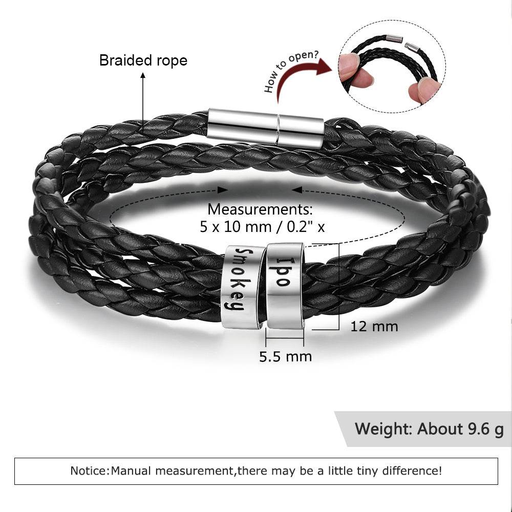 Personalized Mens Braided Genuine Leather Bracelet Stainless Steel Custom Beads Name Charm Bracelet For Men With Family Names - Velora