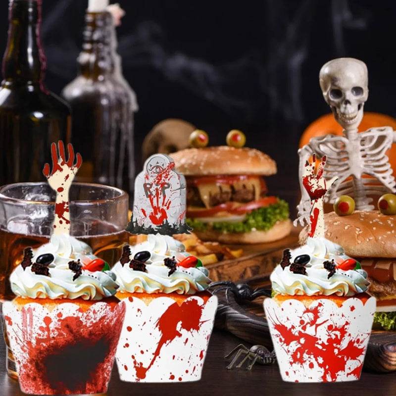 48Pcs Halloween Cupcake Toppers Wrappers Rip Kit Bloody Zombie Hand Cupcake Pick Decorations For Halloween Horror Movie Bloody Theme Birthday Party Cake Decorations Supplies - Velora