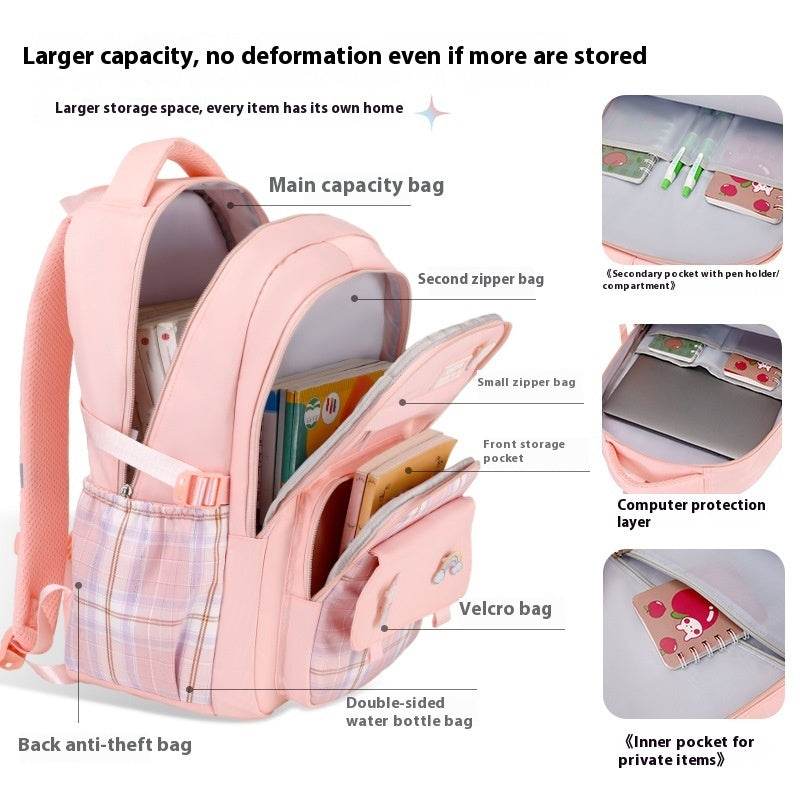 Primary School Student Schoolbag Girls' Plaid Backpack - Velora