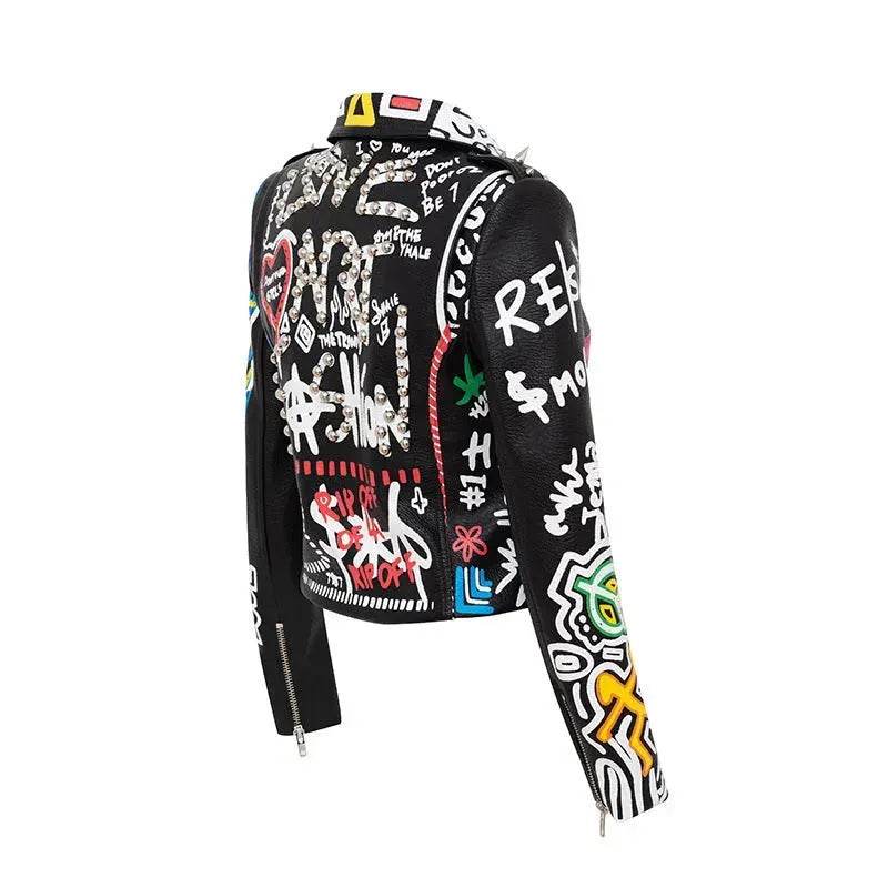 Printed Hit Color Jacket Motorcycle Leather Jacket Women's Suit Collar Trendy Jacket - Velora
