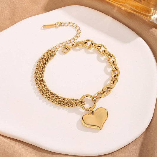 Hip Hop Thick Straps Double-layer Peach Heart Stainless Steel Bracelet - Velora