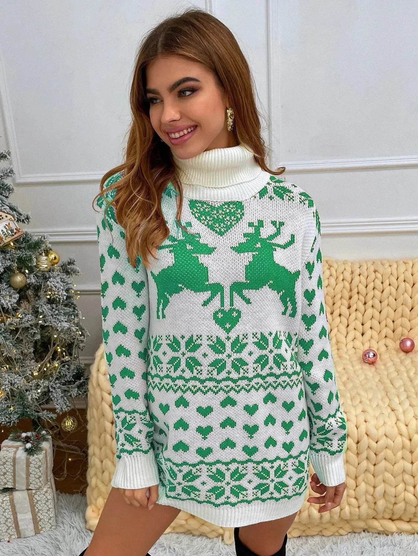 Winter Wool Mini Jumper dress Christmas Turtleneck Sweater Dress - Velora