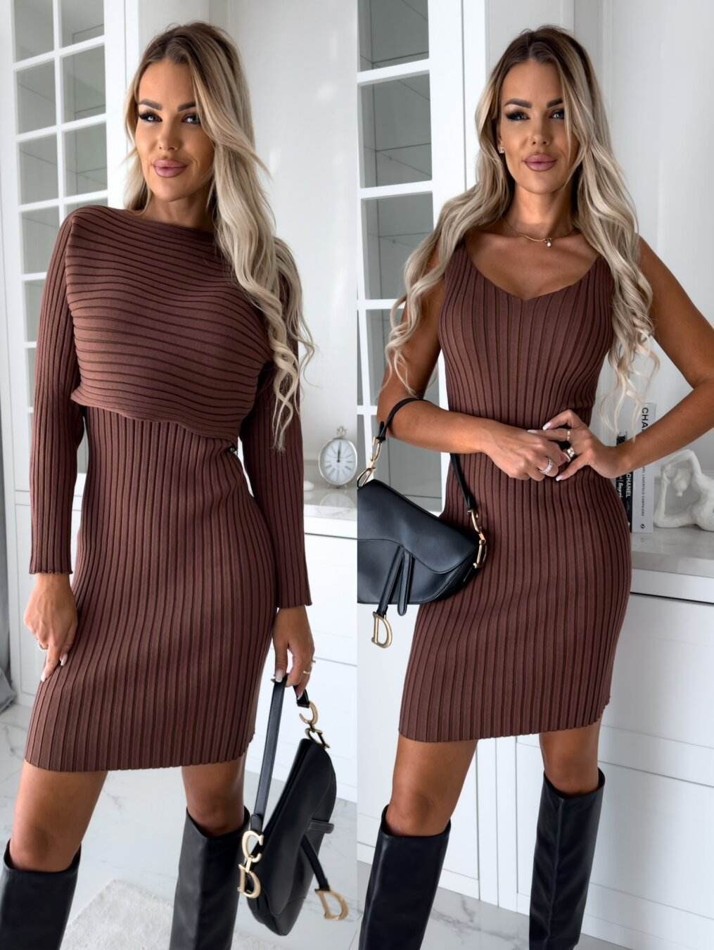 2pcs Suit Women's Solid Stripe Long-sleeved Top And Tight Suspender Skirt Fashion Autumn Winter Slim Clothing - Velora