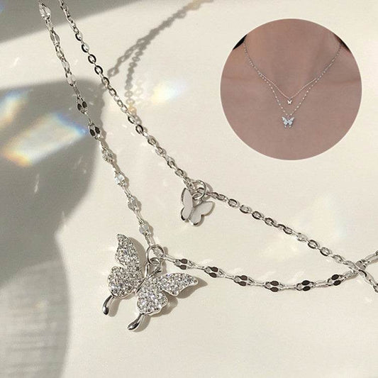 Fashion Jewelry Elegant Silver Color Shiny Butterfly Necklaces Ladies Exquisite Double Layer Clavicle Chain Necklace Jewelry Gift - Velora