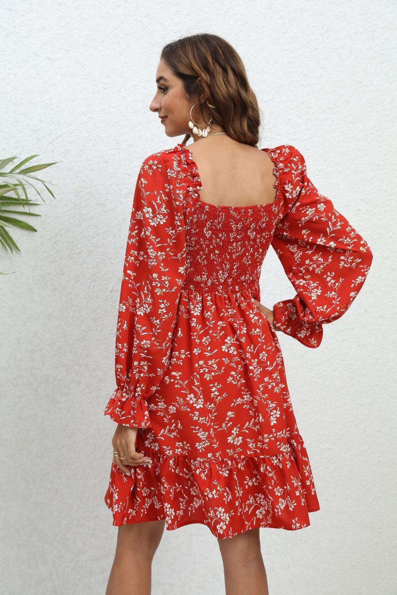Casual Spring And Summer lantern Sleeve floral Mini Dress - Velora