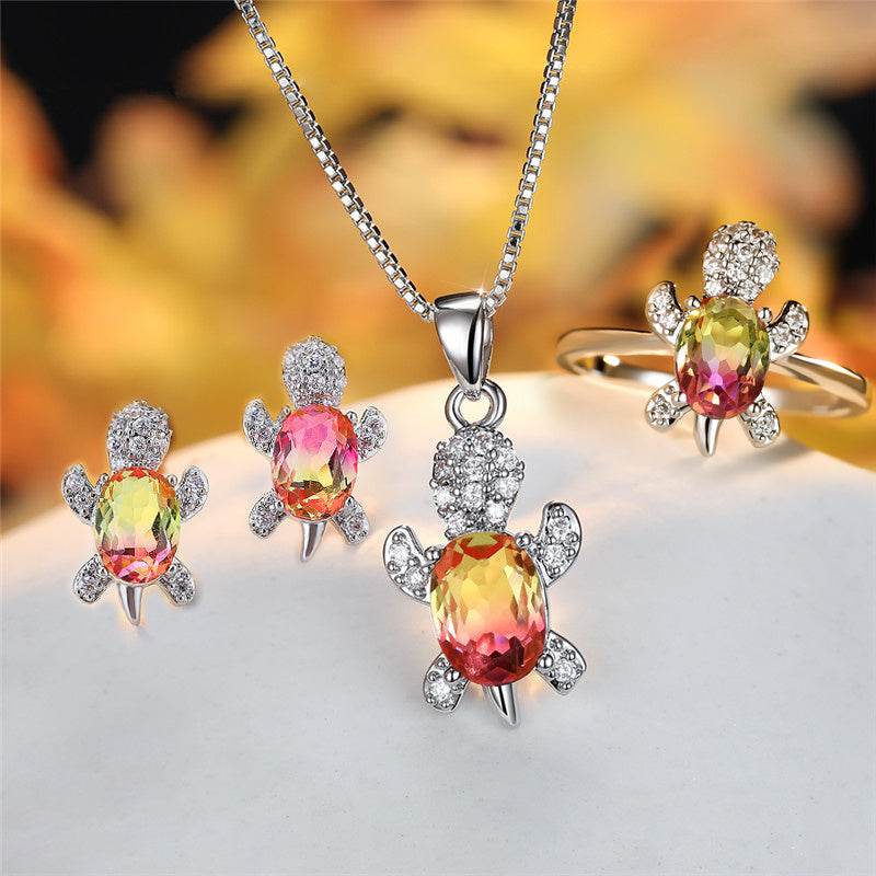 Fashion Oval Zircon Pendant Turtle Shape Necklaces With Rainbow Stone Multicolor Animal Necklace Jewelry For Woman And Children - Velora