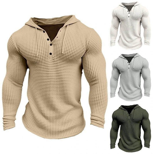 Men's Pullover Casual Long Sleeve T-shirt Waffler Slim Tops Sweat-shirt Solid Color Comfortable Mens Outdoor Streetwear S-3XL - Velora