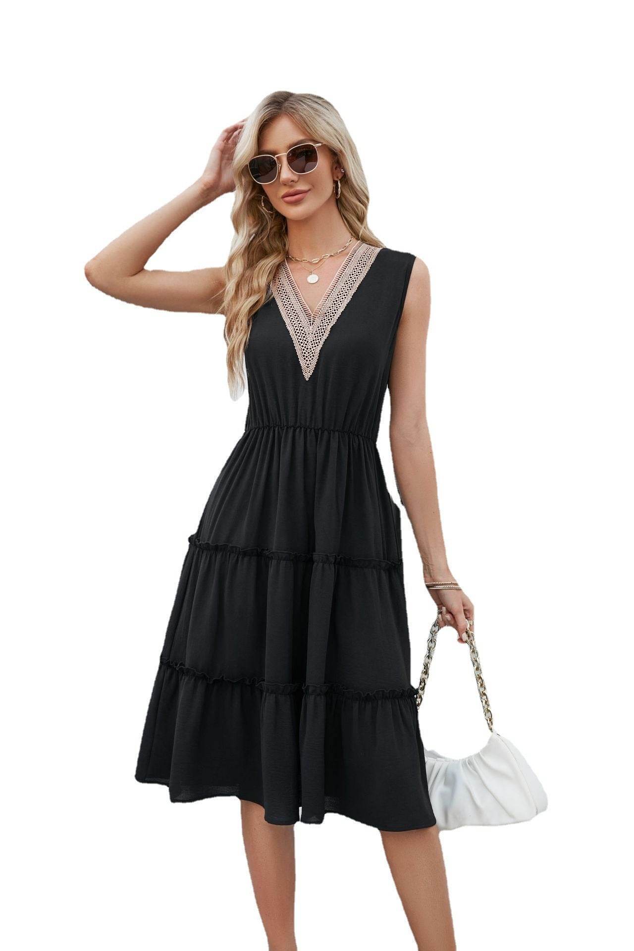 V-neck Dresses Women Sleeveless Pleated Ruffle Elegant Dress Beach Summer - Velora