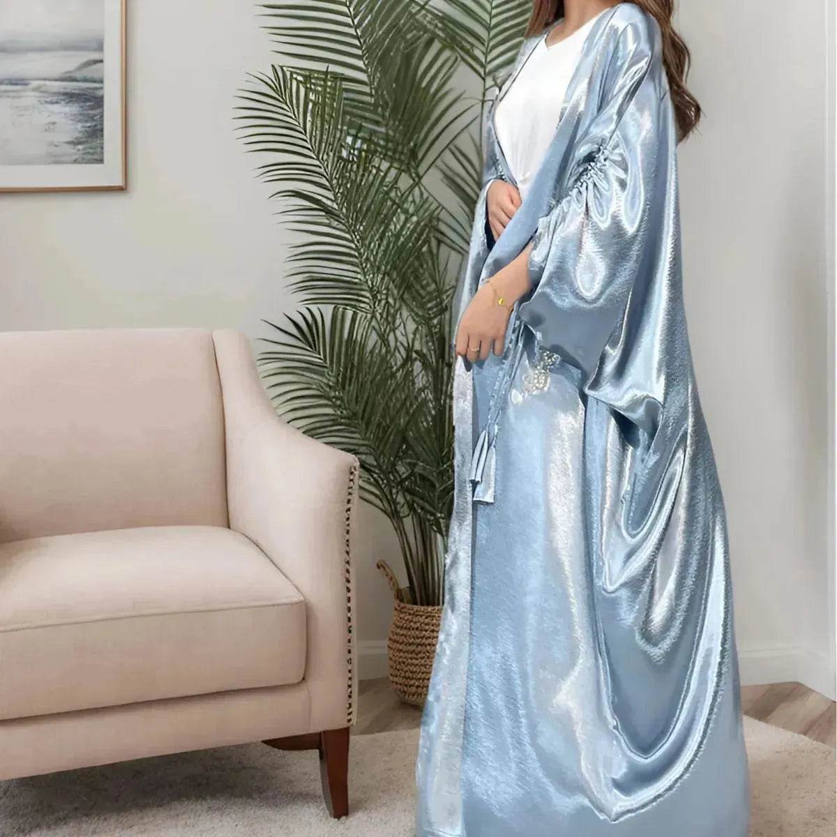 Simple Middle East Turkey Solid Color Plus Size Satin Robe Dubai Abaya Coat Turkey Abaya Kimono - Velora