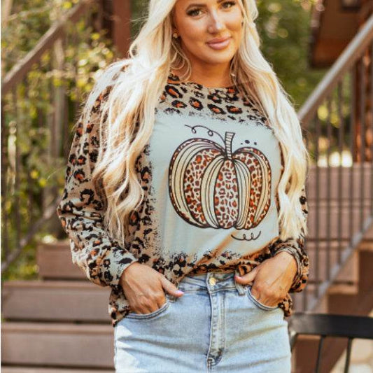 Brown Bleached Halloween Pumpkin Leopard Print Sweatshirt - Velora