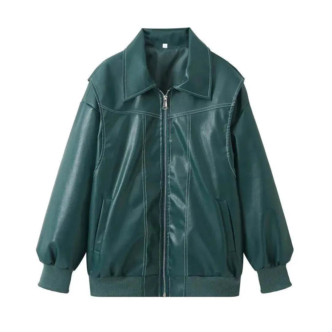 Oversized Fashion Zip-up Lapel Leather Jacket for women - Velora