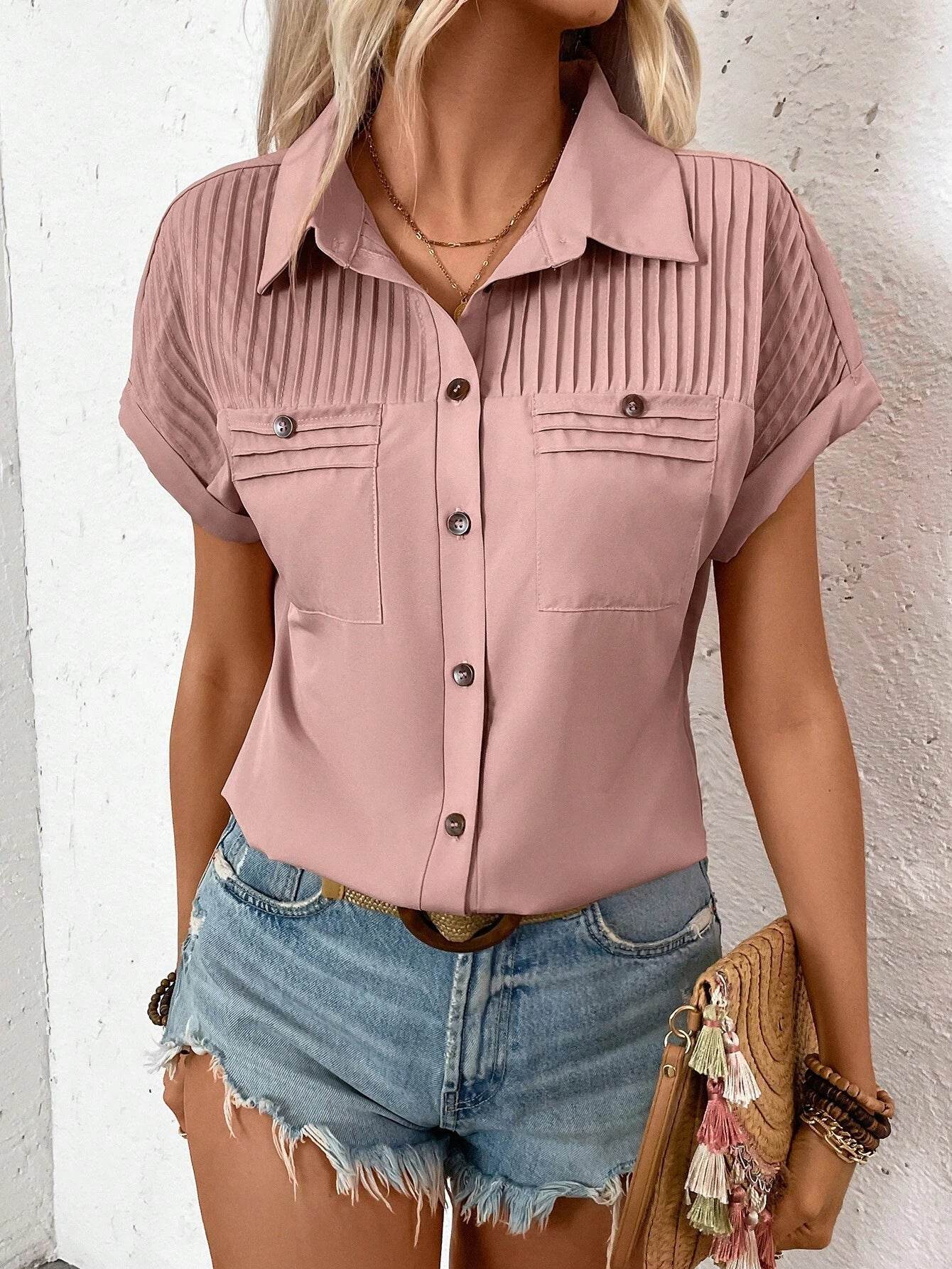 Lapel Shoulder Pleated Pocket Short Sleeve Top Shirt T-shirt Women - Velora