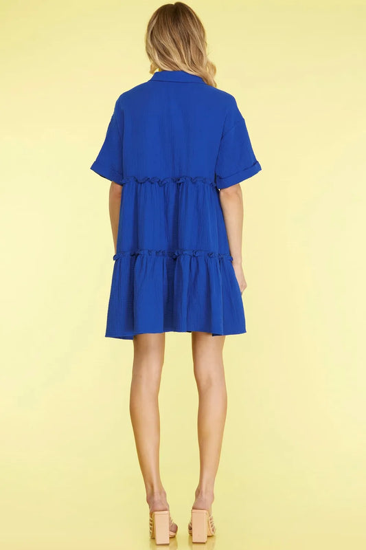 She + Sky Full Size Button Front Frill Tiered Mini Dress Plus Size - Velora