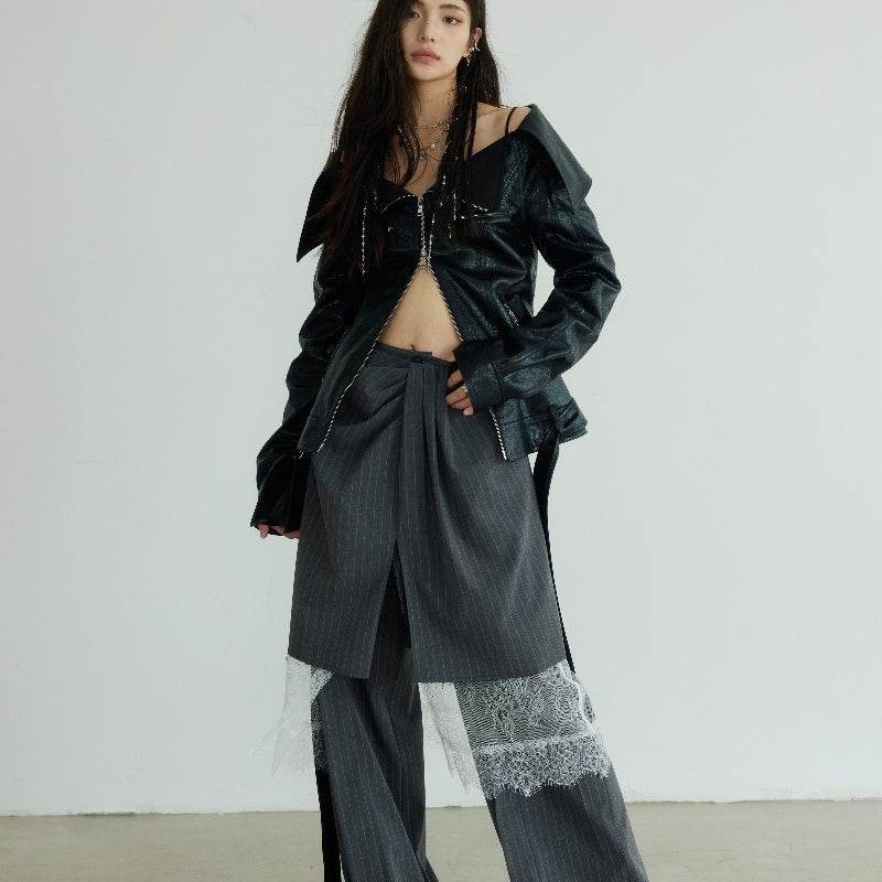 Large Lapel Off-shoulder Chapped PU Leather Narrow Jacket Coat - Velora