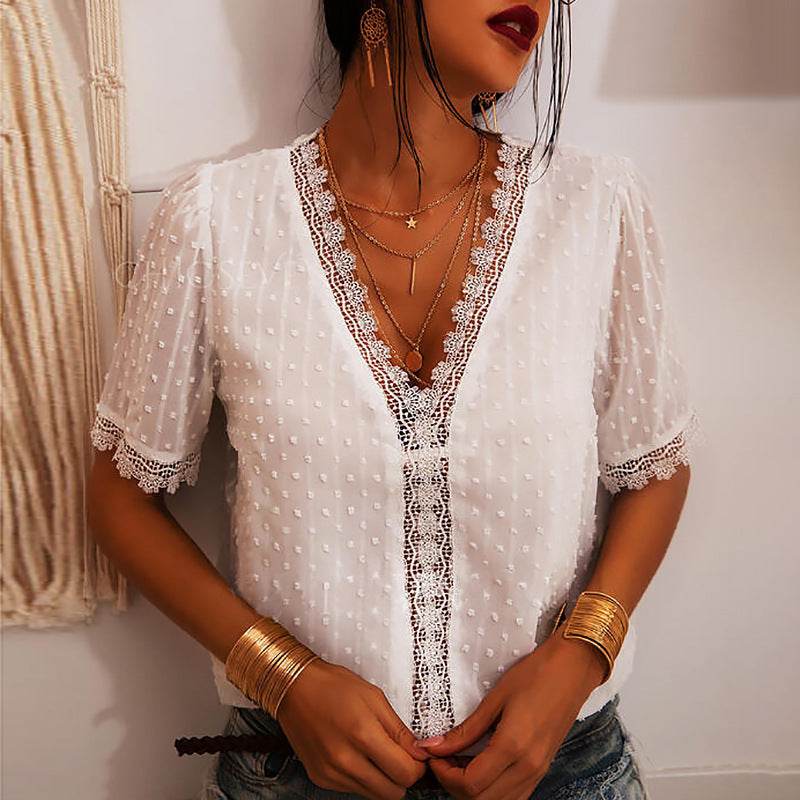 Women Chiffon blouse top European And American spring summer Embroidered Lace Short-Sleeved Blouse Women - Velora