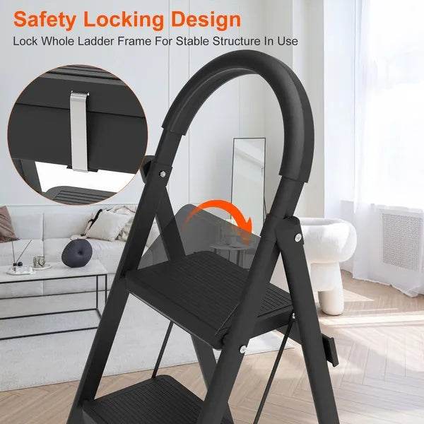3-Step Folding Ladder, 330lbs Load Capacity, Lightweight 6.94lbs With 1.57in Folding Width, Heavy Duty Steel Construction, Non-Slip Pedals & Feet, Safety Lock, Multi-Use For Home Kitchen Living Room - Velora
