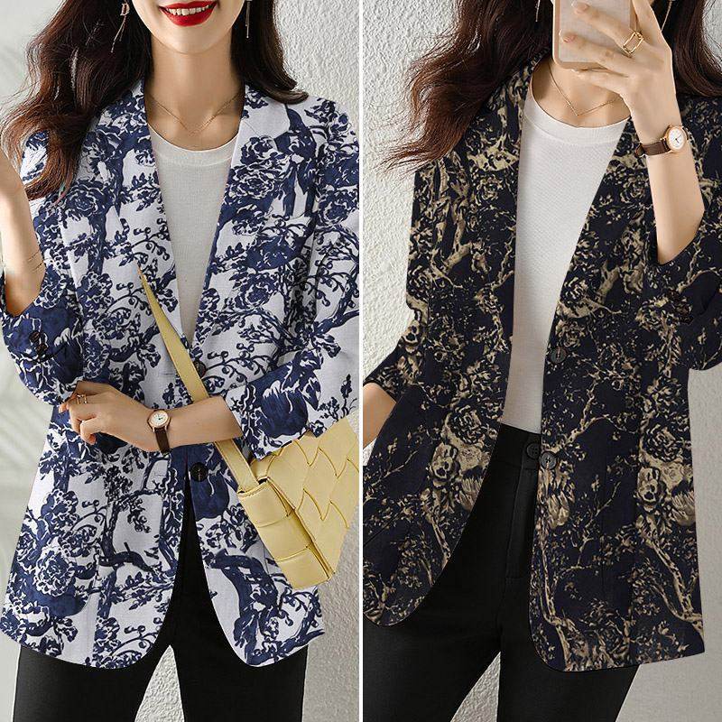 Women's Button Printed Long-sleeved Pocket Vintage Cotton And Linen jacket Blazer - Velora