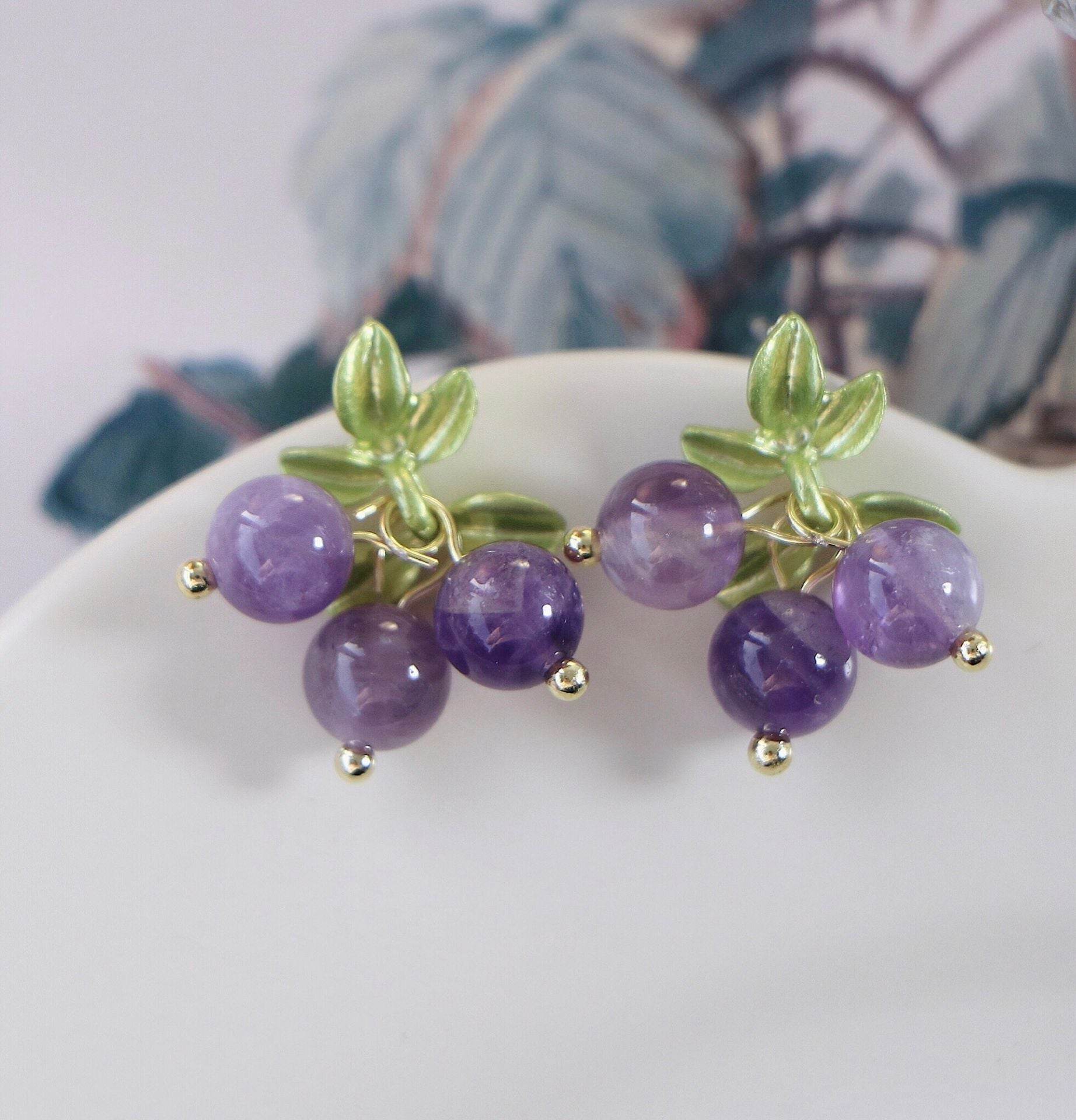 Female Purple Blueberry Fruit Beaded Earrings - Velora