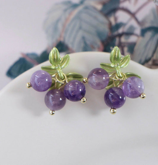 Female Purple Blueberry Fruit Beaded Earrings - Velora