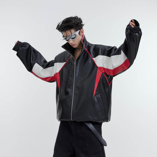 Retro Contrasting Color Patchwork Standing Collar PU Jacket - Velora