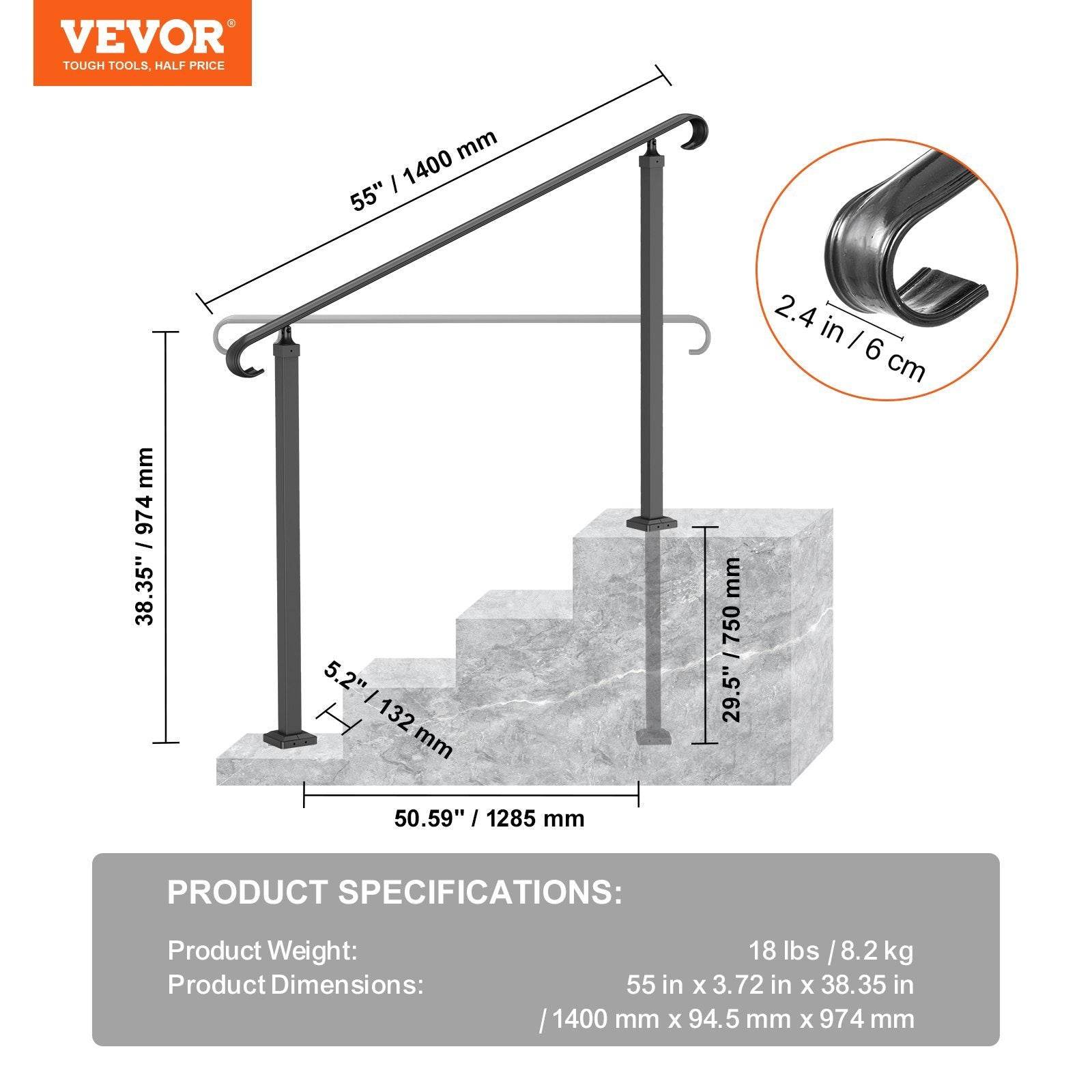 Handrails For Outdoor Steps, Fit 3-5 Steps Outdoor Stair Railing, Wrought Iron Handrail, Flexible Front Porch Hand Rail, Black Transitional Hand Railings For Concrete Steps Or Wooden Stairs - Velora