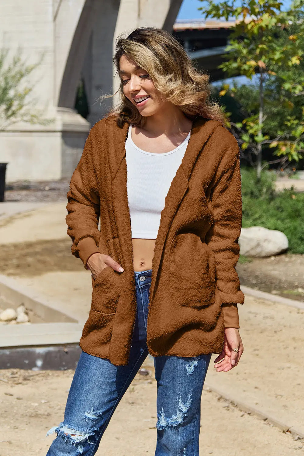 Full Size Teddy Hooded Jacket with Pockets - Velora