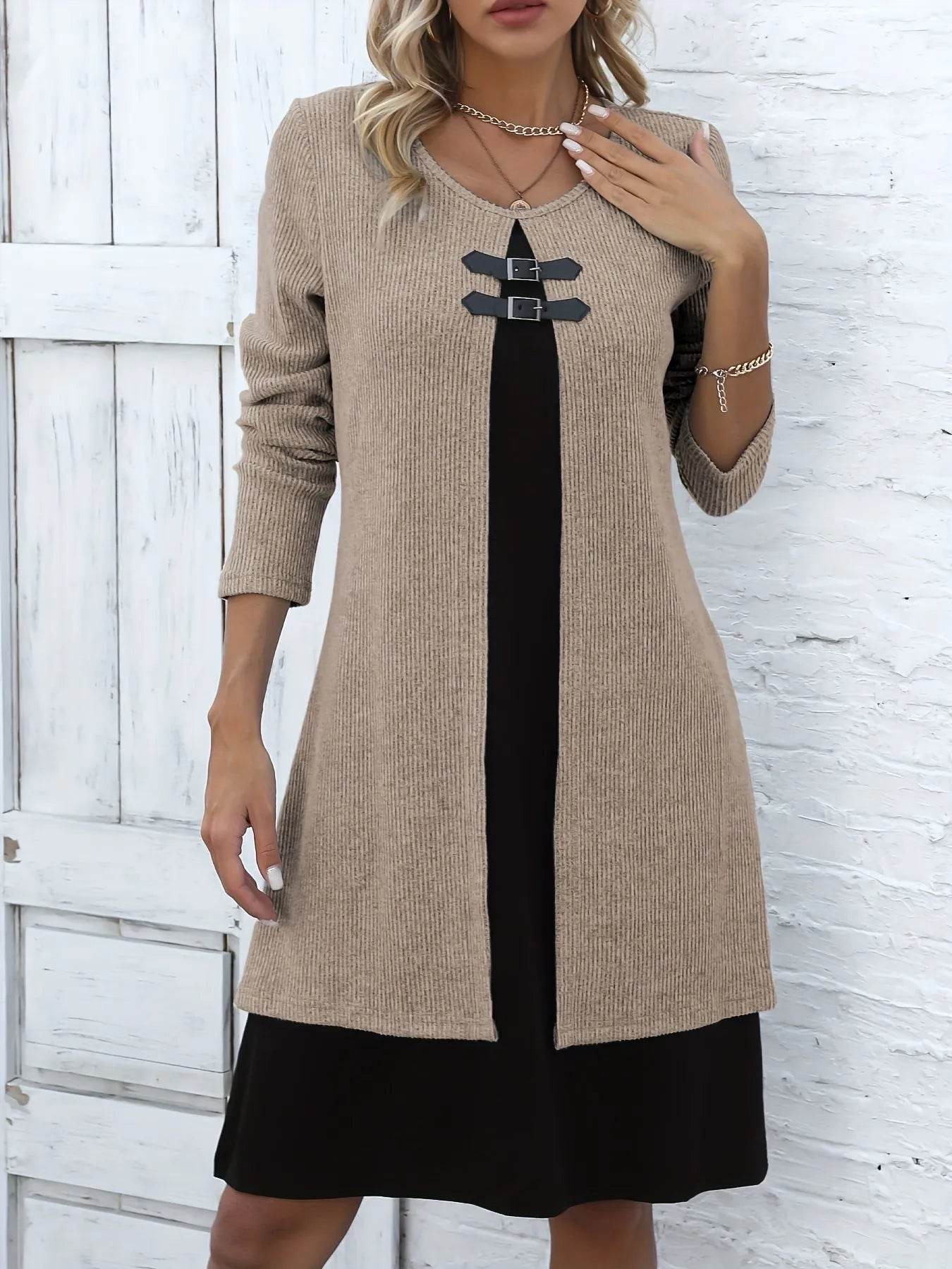 Contrast Color Buckled Round Neck Fashion Winter Sweater Dress - Velora