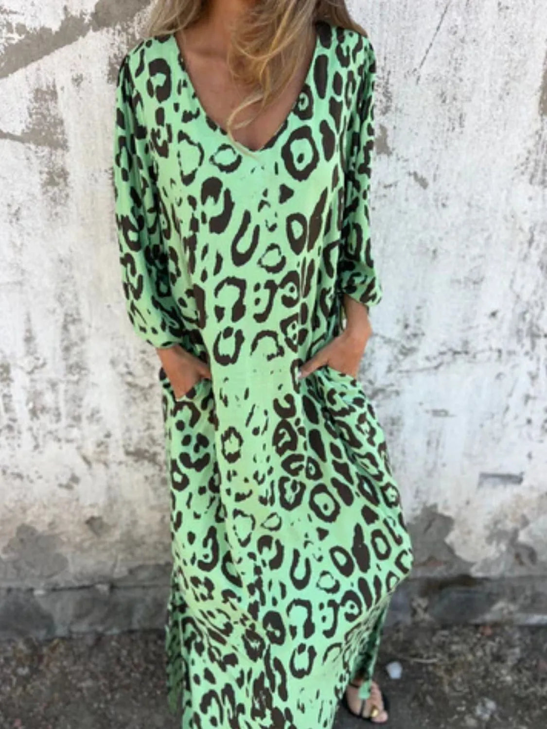Full Size Printed V-Neck Dress with Pockets Plus Size - Velora