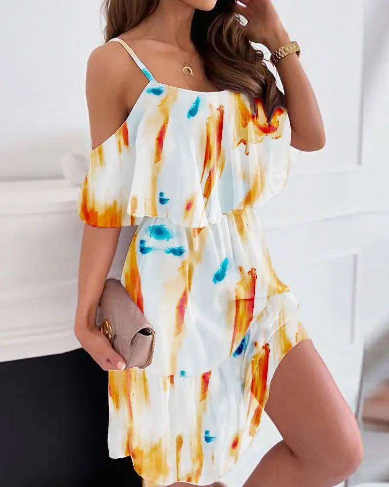 Flower Printed Ruffled Suspender Dress Summer Off-the-shoulder Strap Dresses Women - Velora