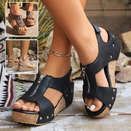 Summer Zipper Wedges Sandals Women's Lightweight Height Increasing Shoes Fashion Casual Sandals - Velora