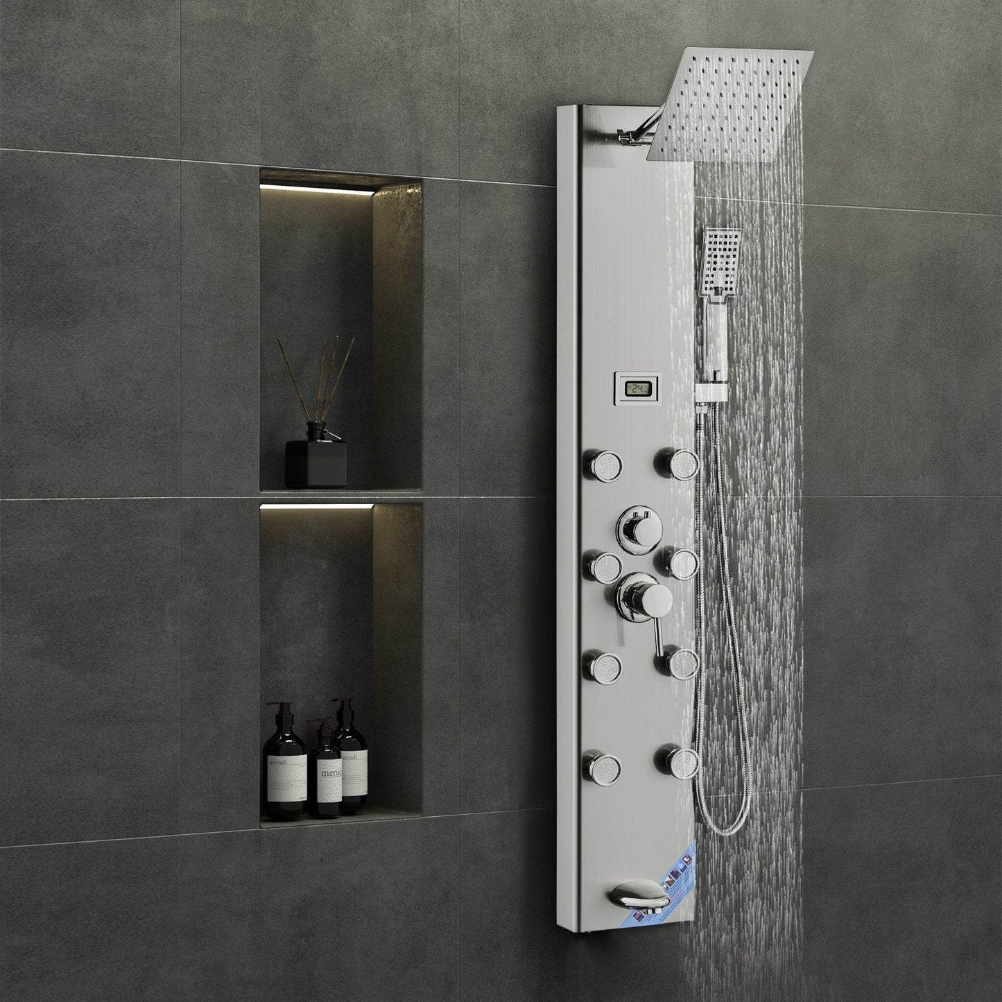 Shower Panel System, 5 Shower Modes, Digital Display Shower Panel Tower, Rainfall, 8 Massage Jets, Tub Spout, 3-Setting Handheld Shower Head 59 Hose, Stainless Steel Wall-Mounted Shower Set - Velora