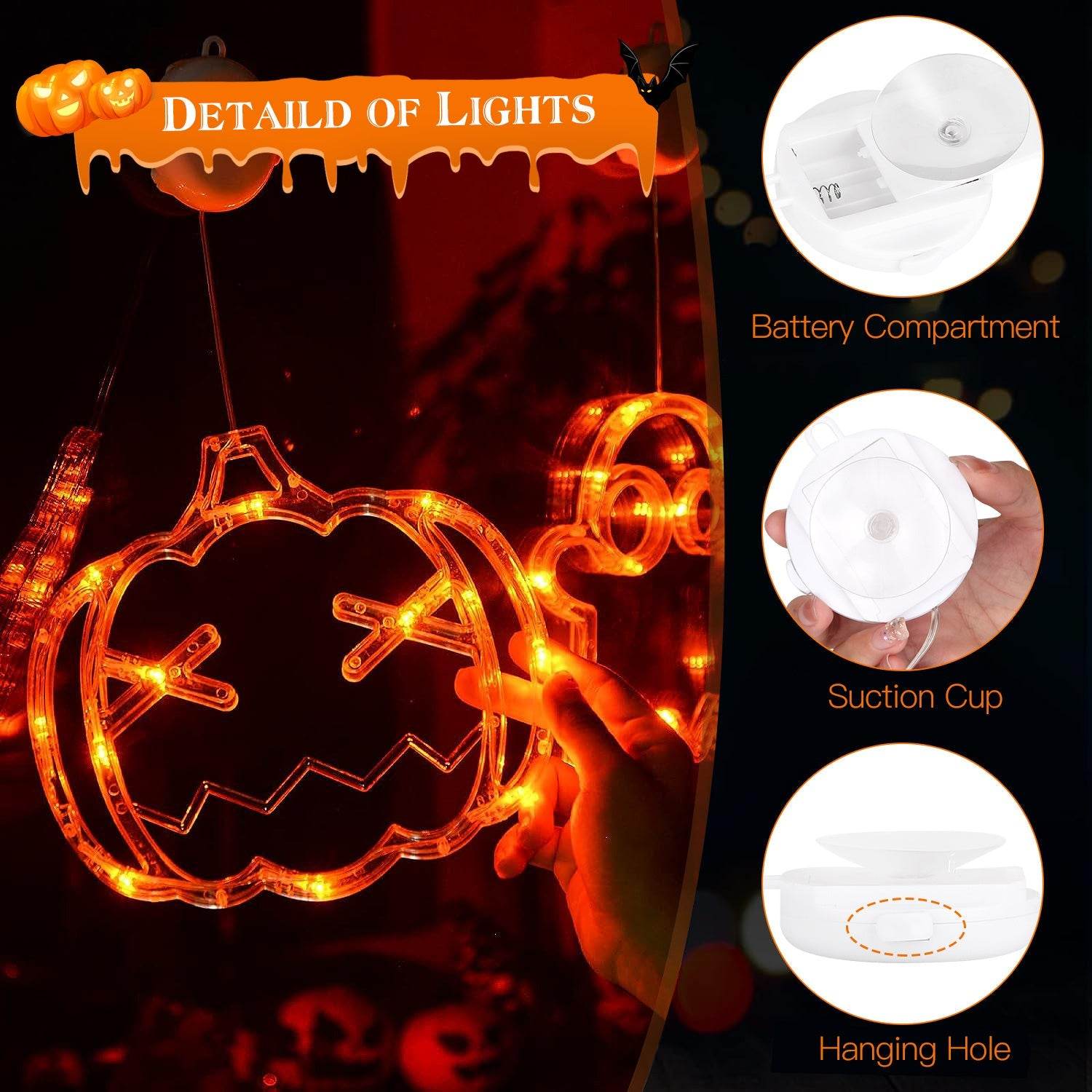Set Of 3 Pack Halloween Window Light Spider Witch Hat Pumpkin With Orange Light Hanging Halloween Decoration Light With Suction Cup Hanging Holes - Velora