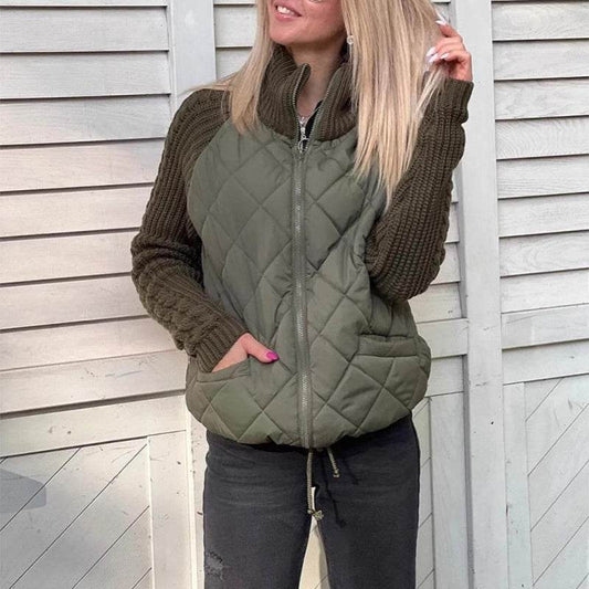 Stand Collar Cotton Jacket With Pockets Fashion Knitted Stitching Zipper Coat Winter Warm Tops For Women - Velora