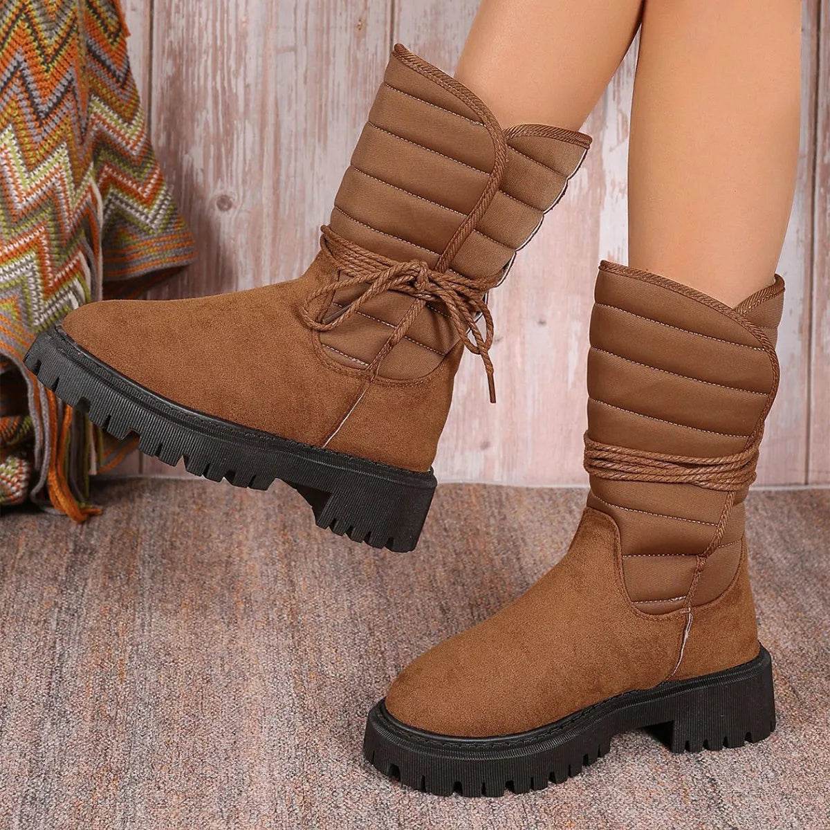 Fashion Mid-calf Snow Boots With Lace-up Design Winter Warm Thickened Low-heeled Boot Women's Casual Shoes Outdoor - Velora